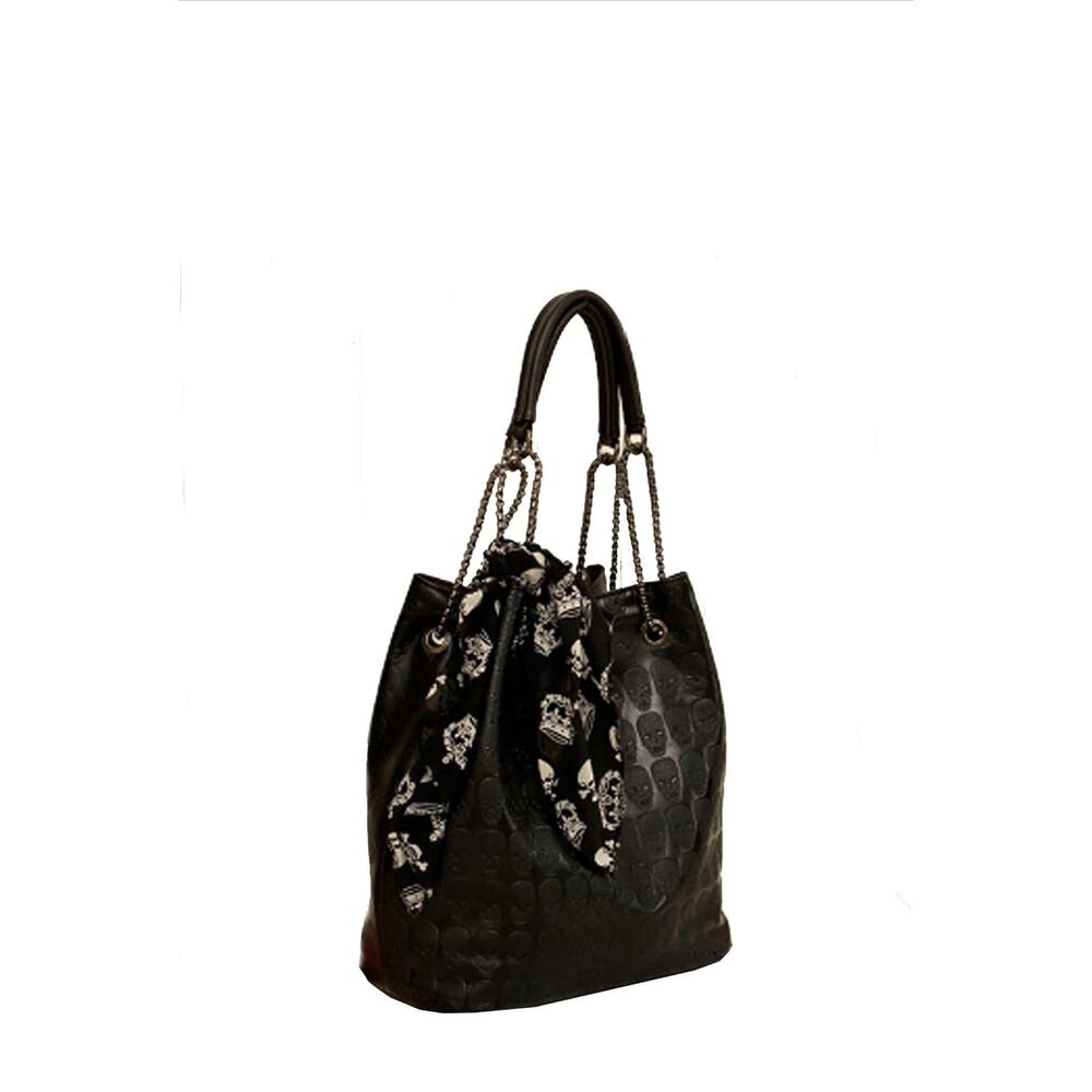 Skull Embossed Faux Pat Leather w/Chain Straps Bucket Bag Black Purse No Scarf